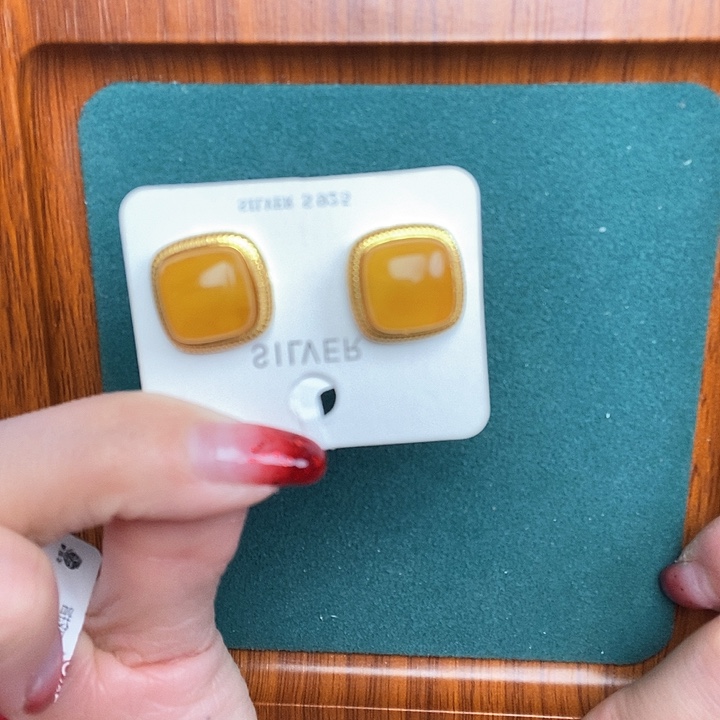 蜜蜡耳饰银S925镶嵌耳钉