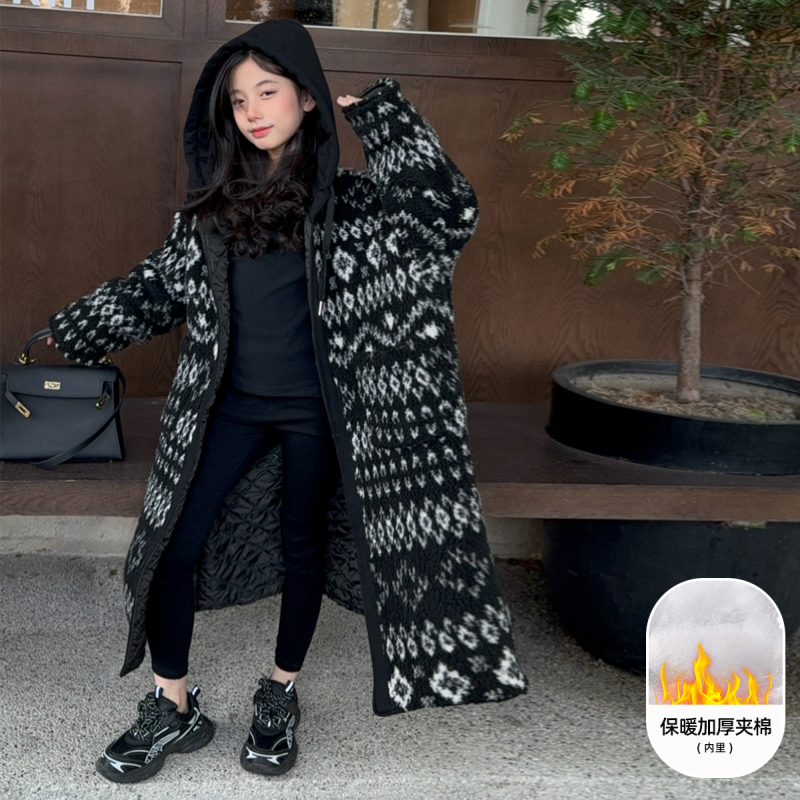 女童套装夹棉加厚保暖复古宽松连帽棉服儿童中长款大衣2025冬款潮