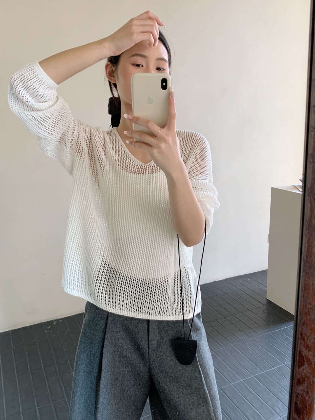 【素简.670187】春款上新星点亚麻女装上新时尚珠片鸡心落肩针织衫