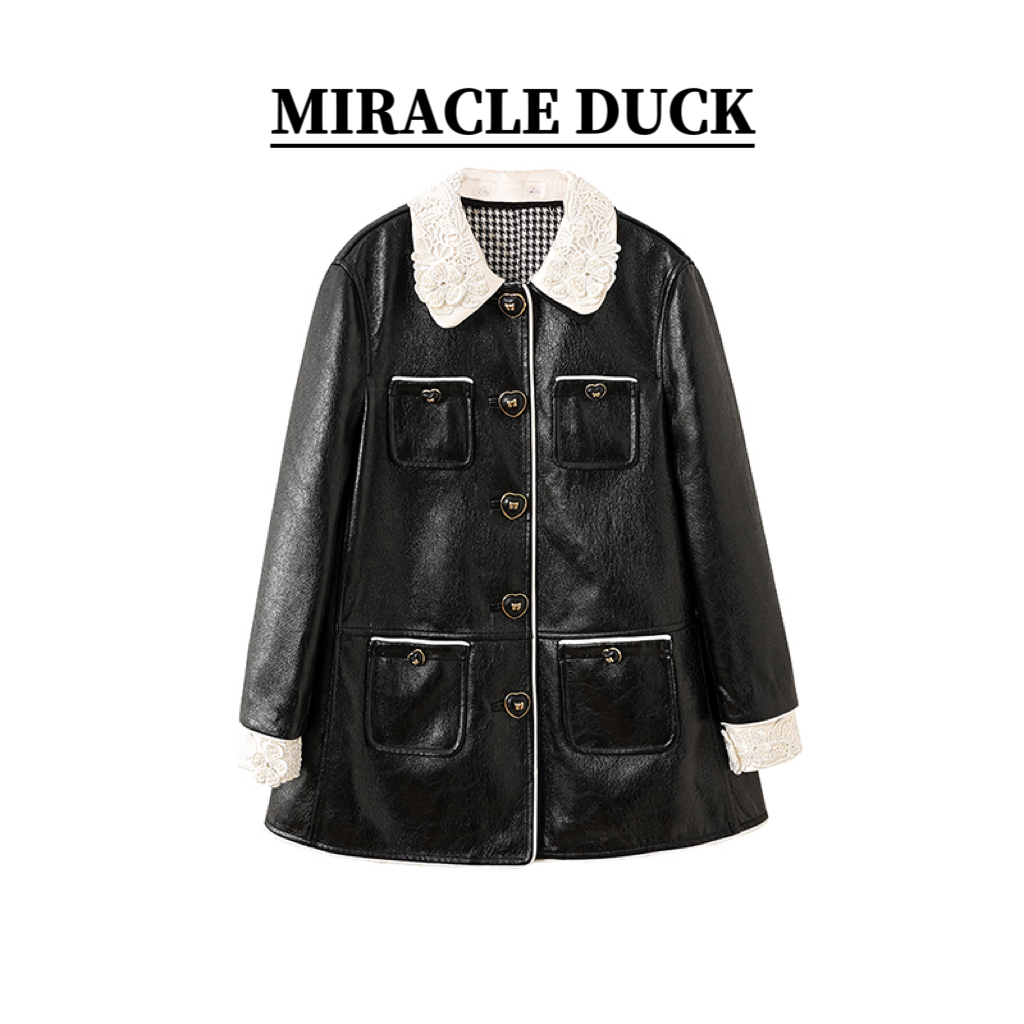 2号【暗黑香韵】春秋冬高定蕾丝钉珠领口拼接皮衣中长款外套C1857-1