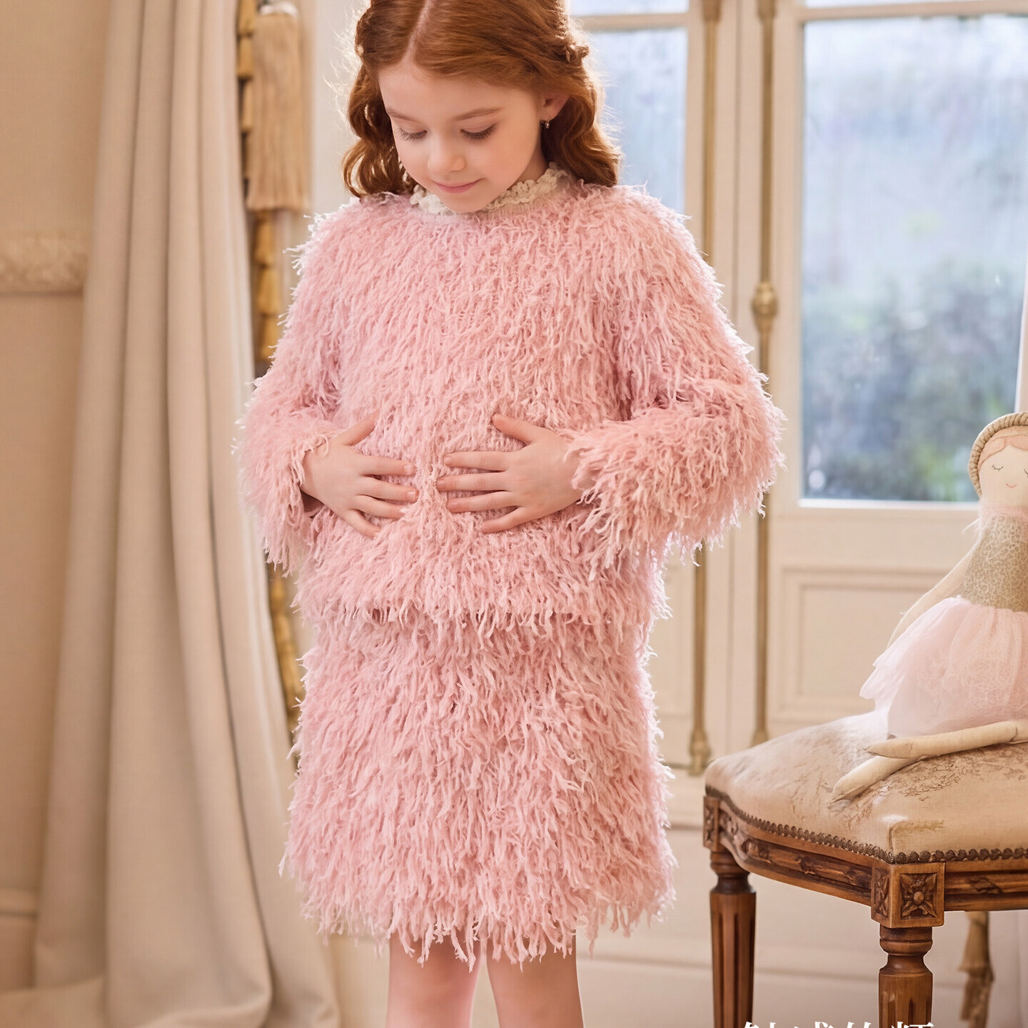 爱安玖女童粉流苏分体两件套礼服简约大方小香风拜年服装AAJ1408