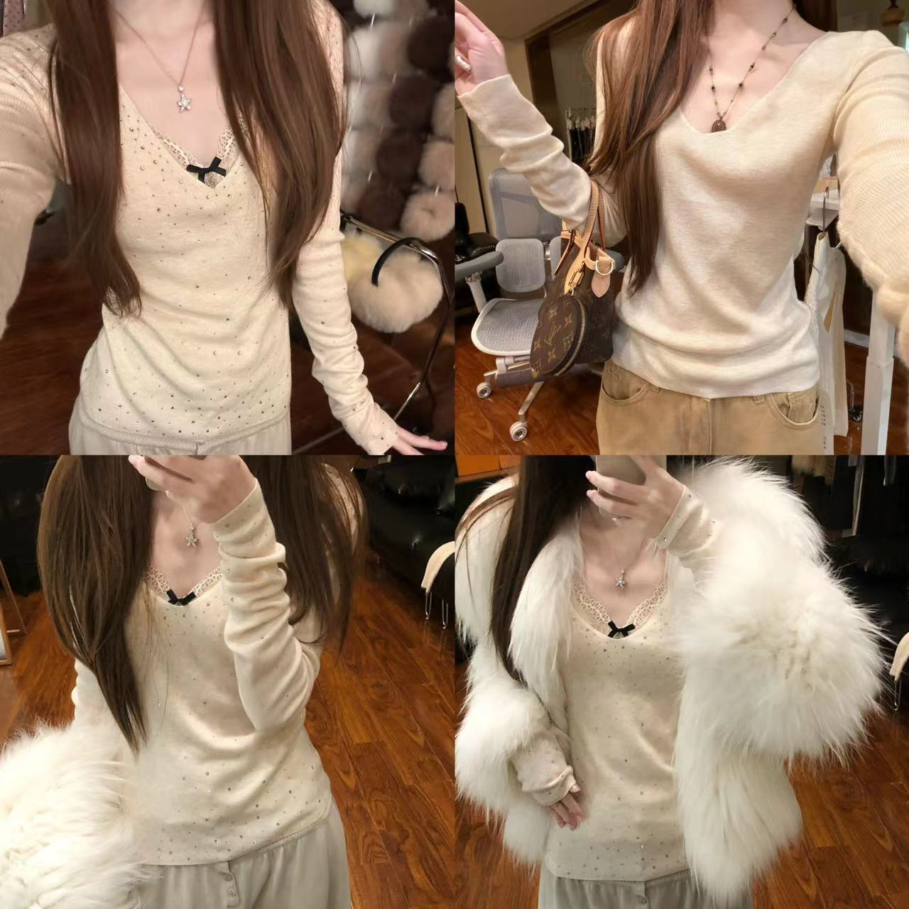 【含羊毛V领】净版钻版纯欲温柔奶油皮草搭子长袖针织上衣2669