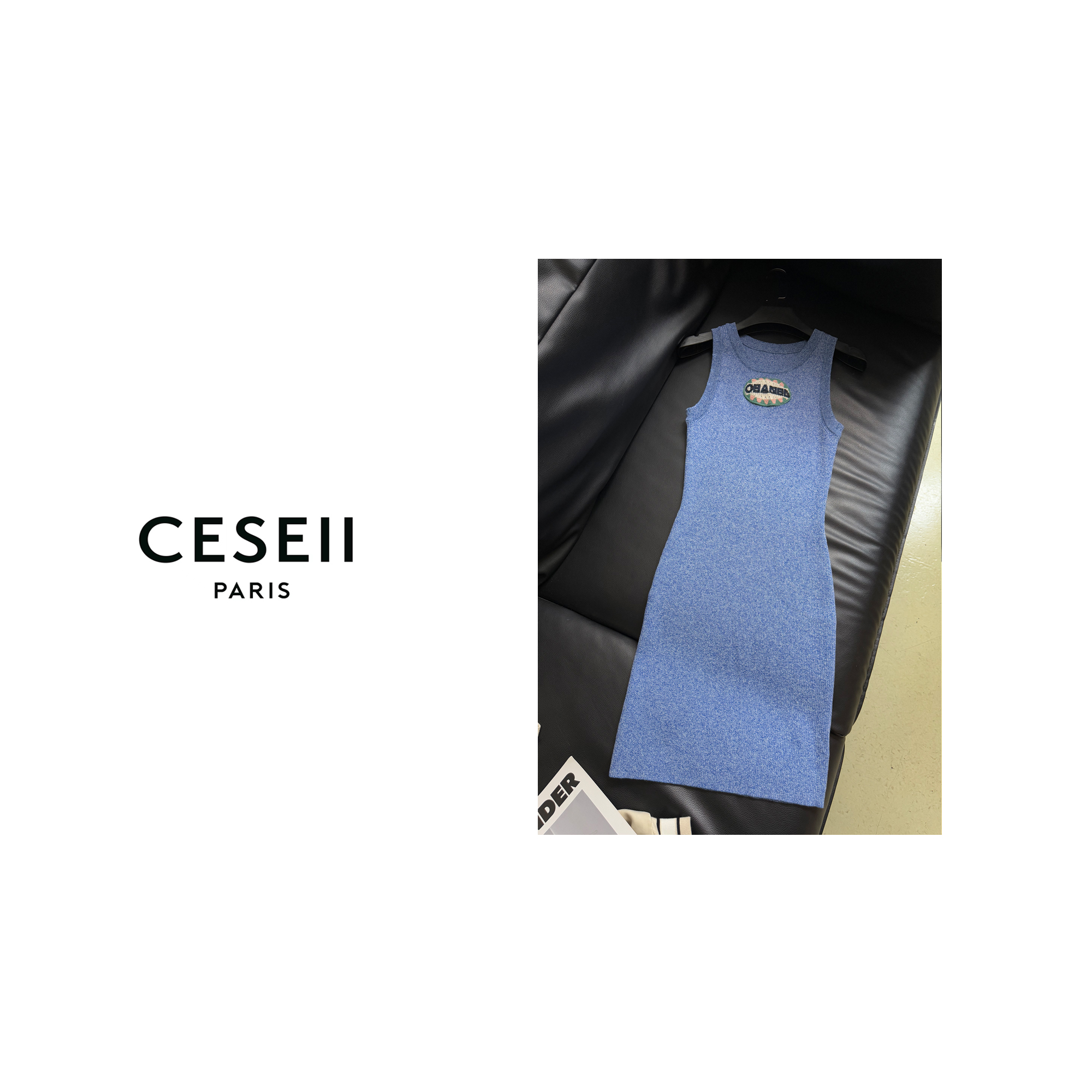【25XJ076】CESEII2025春夏时尚高弹水蓝色织料刺绣针织背心连衣裙