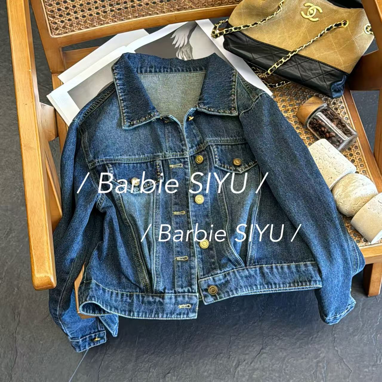 Barbie Ling 【明线牛仔】66860秋季港风单排扣做旧明线牛仔外套