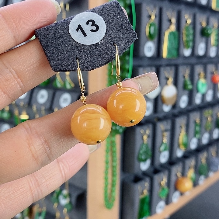 蜜蜡耳饰18K金镶嵌耳饰