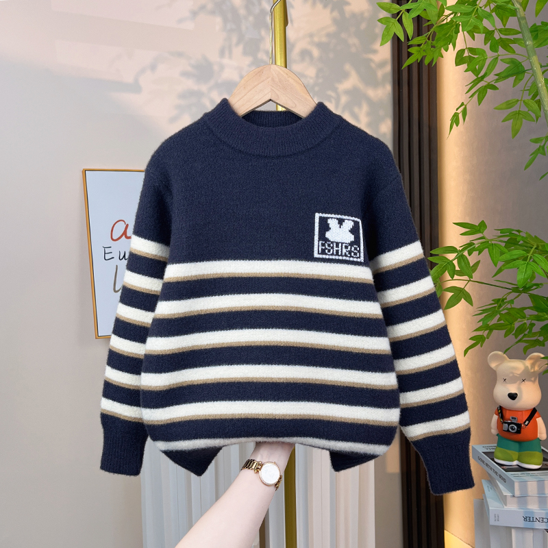2025男童毛衣秋冬款新款儿童冬装时尚条纹打底衫中大童男孩冬季潮