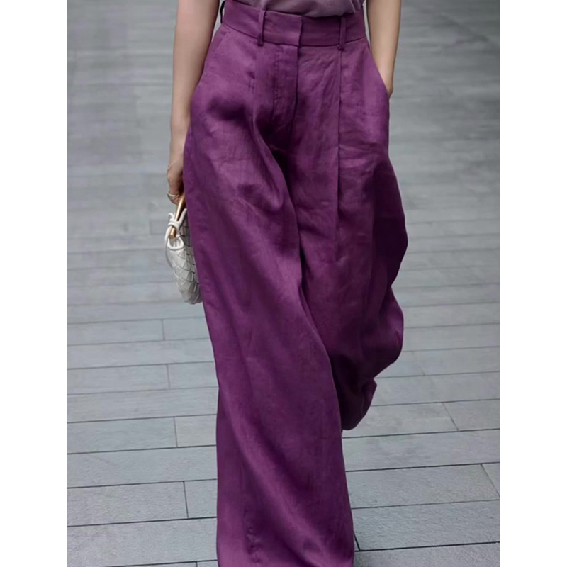 FL231863老钱风复古紫色阔腿直筒休闲裤子女宽松百搭显瘦超火长裤