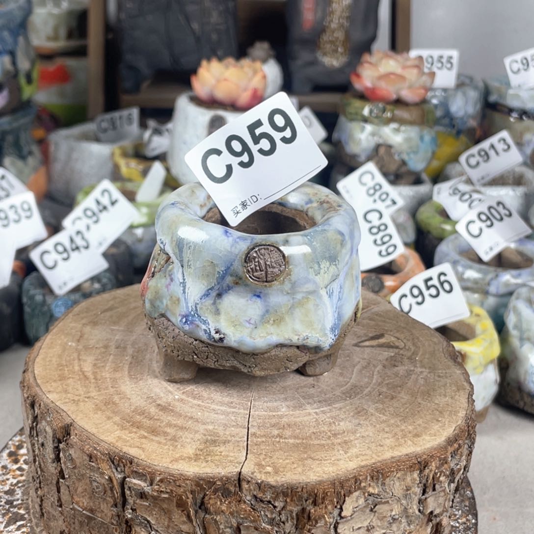 紫砂花盆孤品不规则油画山石小地雷 内口4