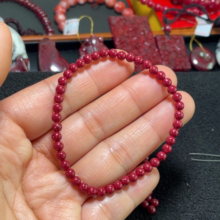 天然辰砂压晶小米珠手链4mm
