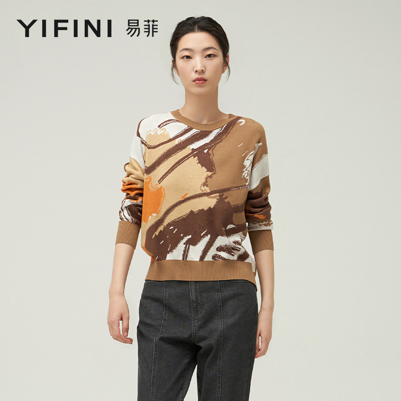 【Yifini】专柜同款饼模图案舒适保暖宽松短款毛衫B09M1006