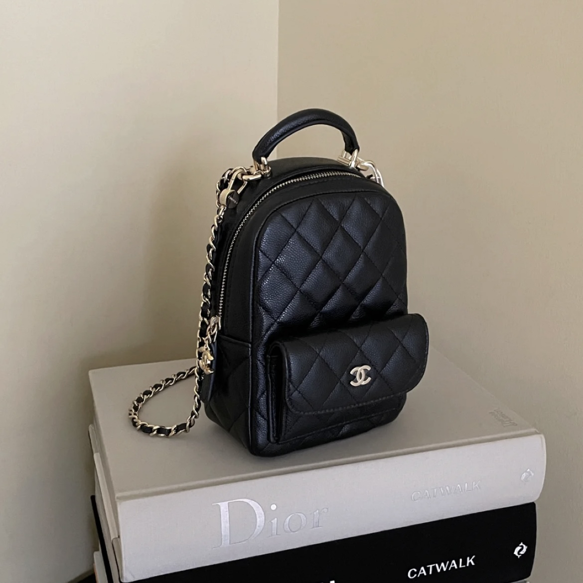 95新 Chanel/香奈儿 24C黑金荔枝牛手提双肩包 6676