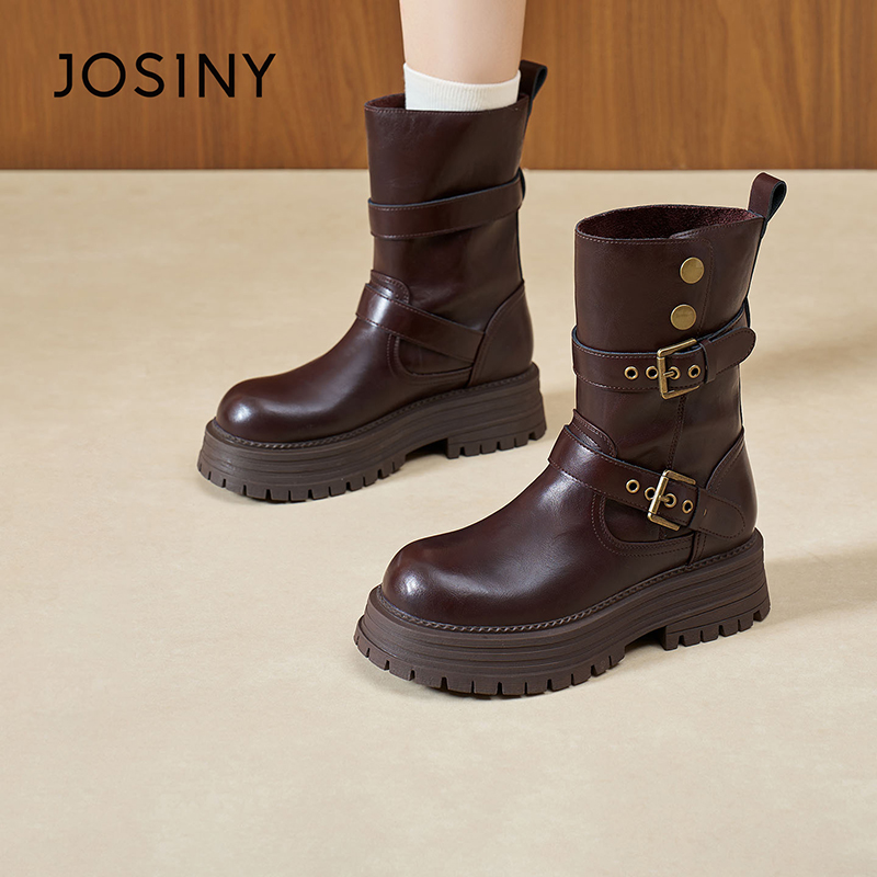 卓诗尼时尚中筒短筒中跟冬马丁靴女鞋烟筒靴女靴厚底百搭英伦风