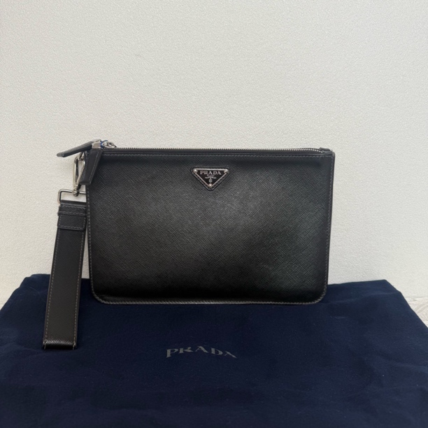 95新 Prada/普拉达 4417/男士时尚黑色全皮双层手拿包