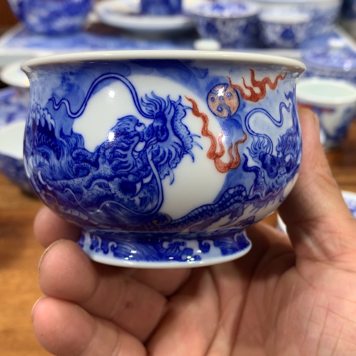 自成堂柴窑青花双龙杯