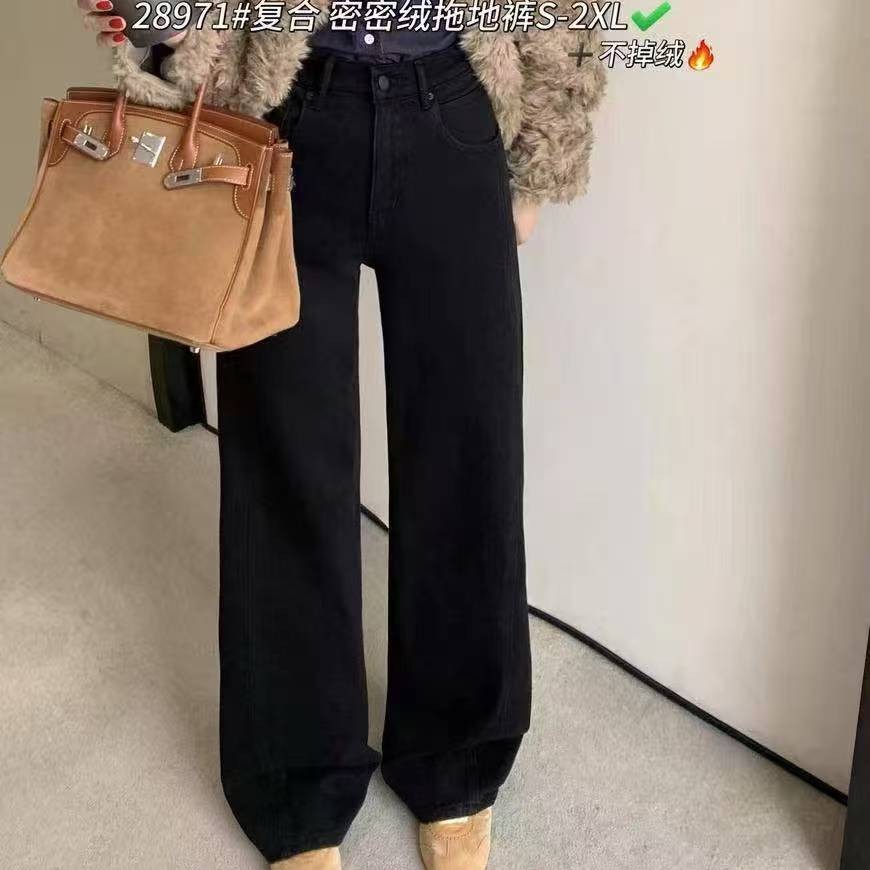美美➕28971黑色窄版牛仔裤加厚密密绒直筒阔腿裤