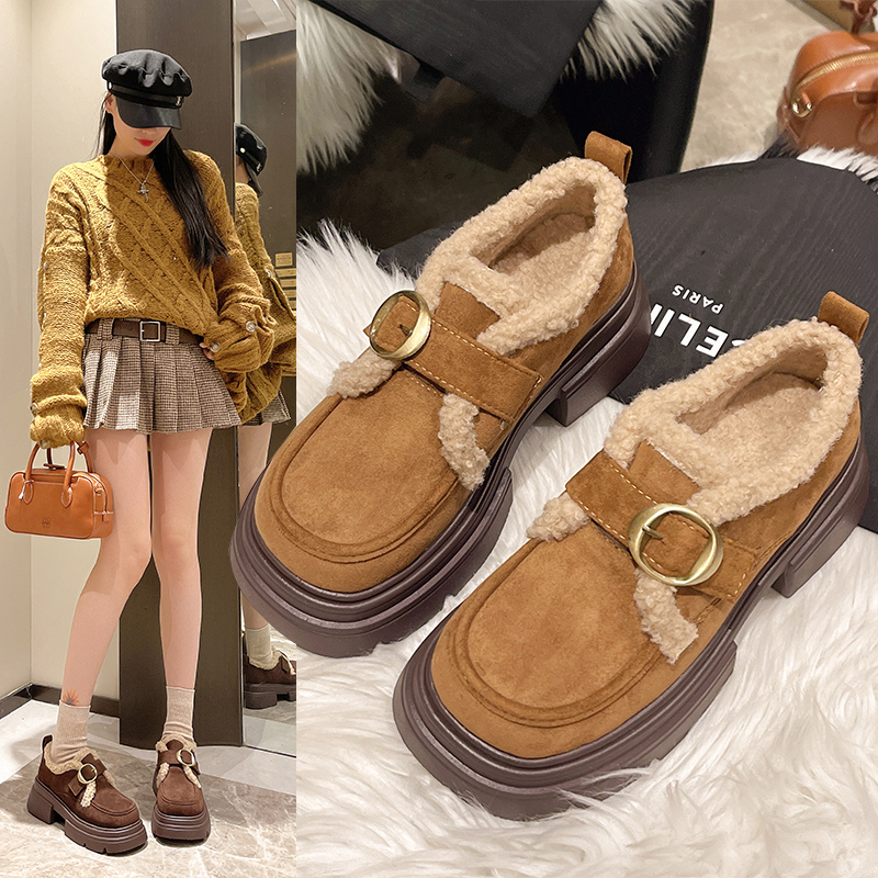 【柯诗鸟】厚底加绒乐福鞋女冬2025新款英伦风小皮鞋皮带扣保暖棉鞋