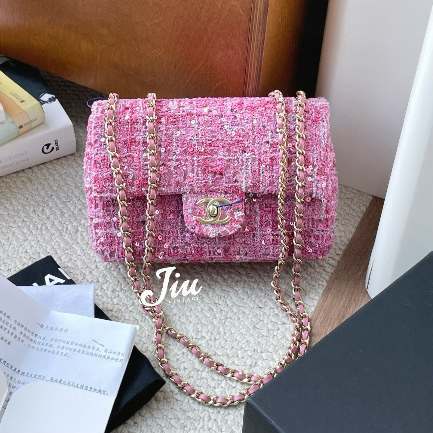 99新 Chanel/香奈儿 24P粉色毛呢亮片大mini单肩包闲置BJM12-1296