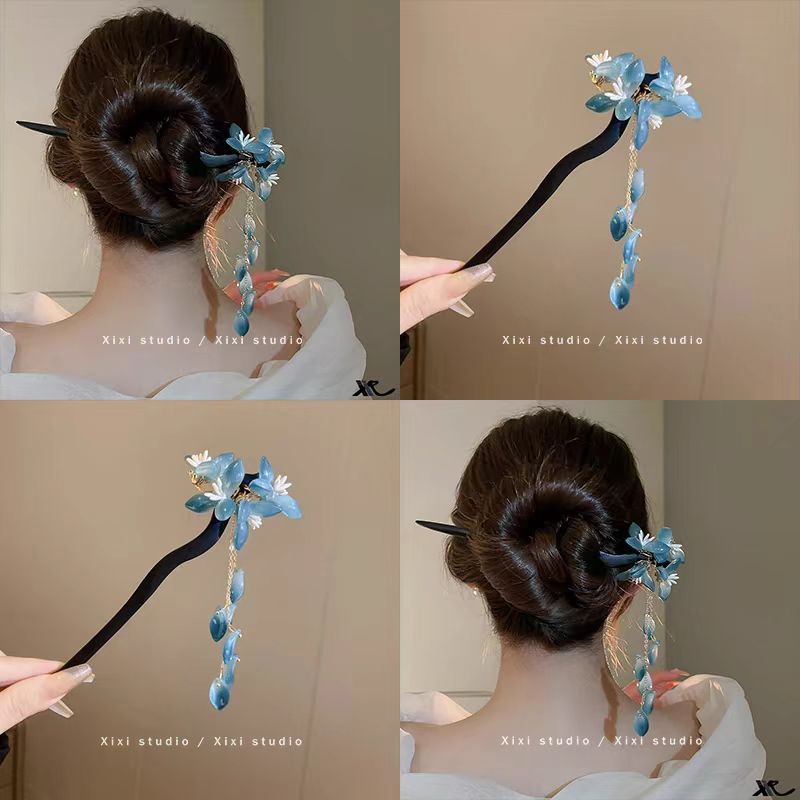 a472【静夜香】花朵发簪新中式古风发簪子旗袍汉服重工流苏发饰盘发