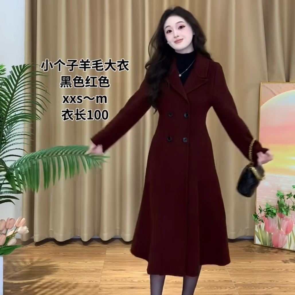 妖家#小个子羊毛双面手工缝制收腰大衣