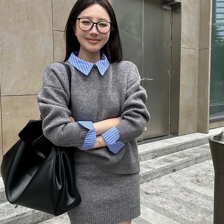 时尚套装女秋冬学院风衬衫拼接宽松毛衣高腰包臀短裙两件套