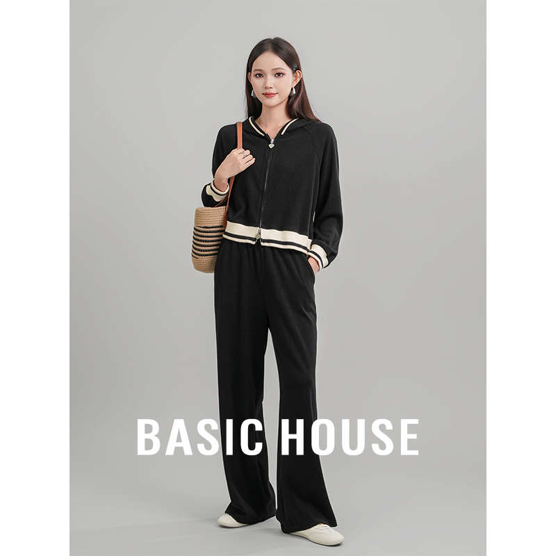 Basic House/百家好百搭老钱风女装时尚连帽卫衣外套长裤两件套