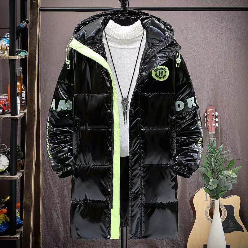 A206冬季新款免洗亮面情侣装中长款棉服加厚保暖连帽外套