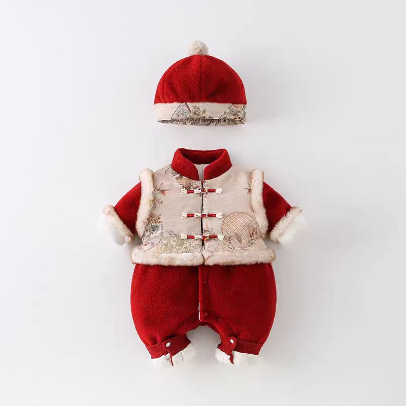 国风新中式半甲假两件六片帽厚棉哈衣（微染色）