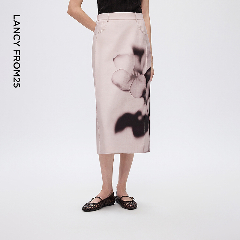 朗姿棉质高腰修身直筒印花半身裙气质优雅通勤中长裙女2025年新款