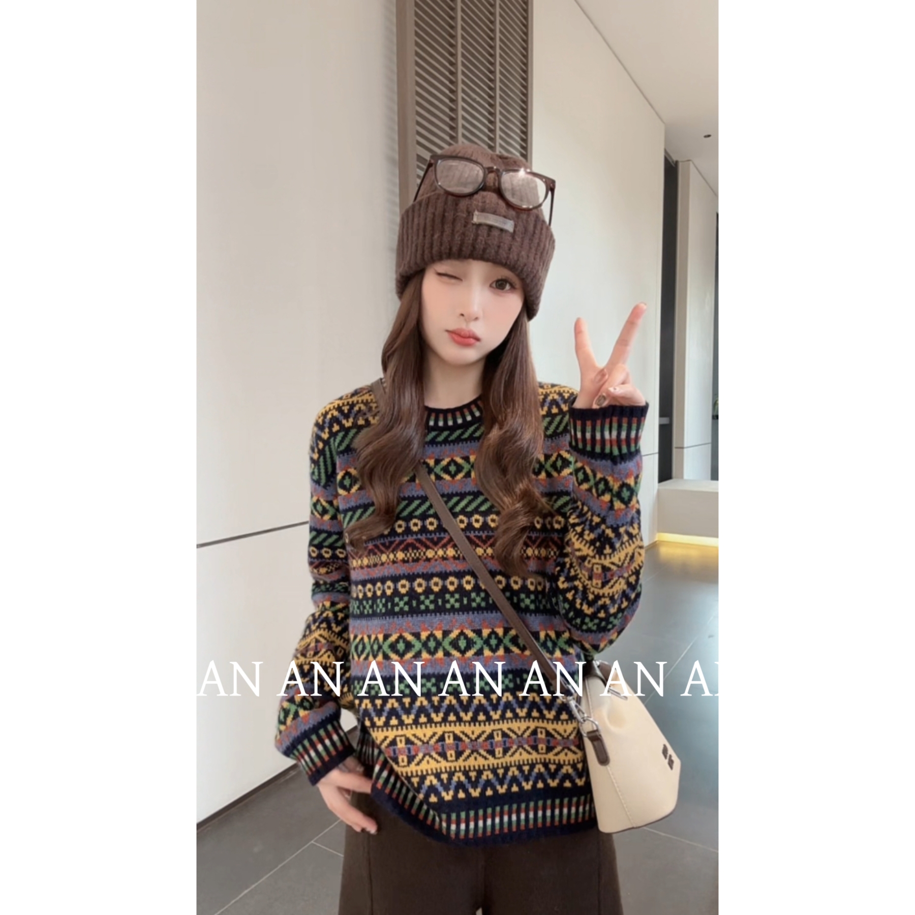 C12005时尚洋气高级感小众宽松软糯菱格撞色费尔岛提花毛衣