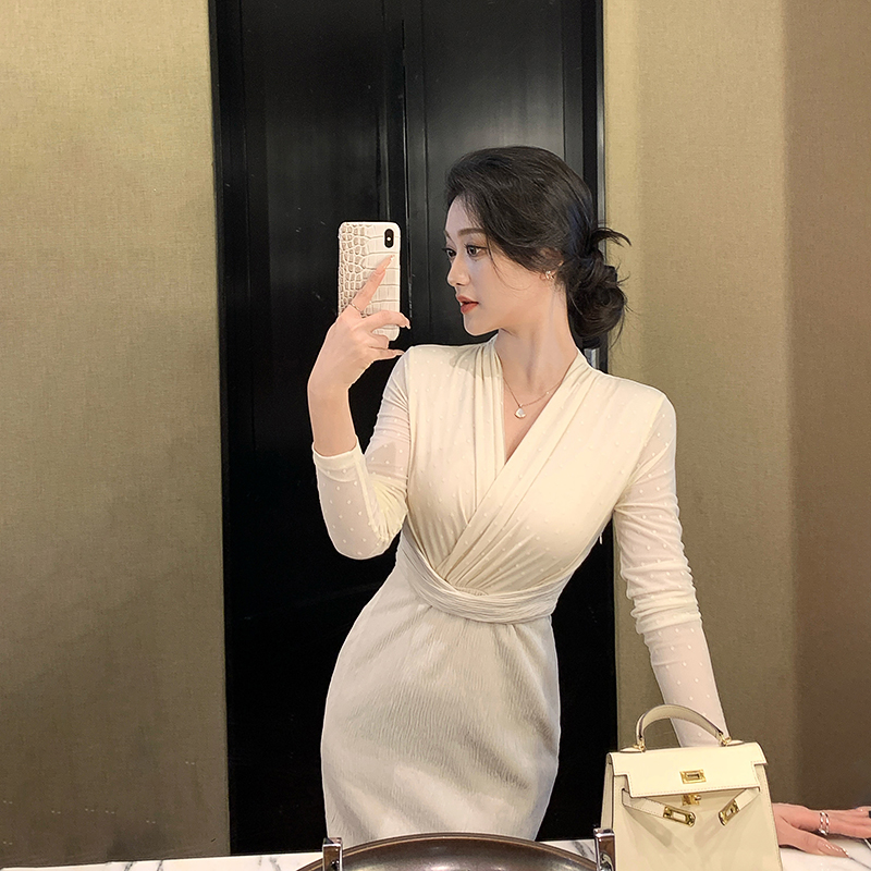 林关关白色网纱薄纱连衣裙女开春气质裙子法式独特漂亮包臀裙长裙
