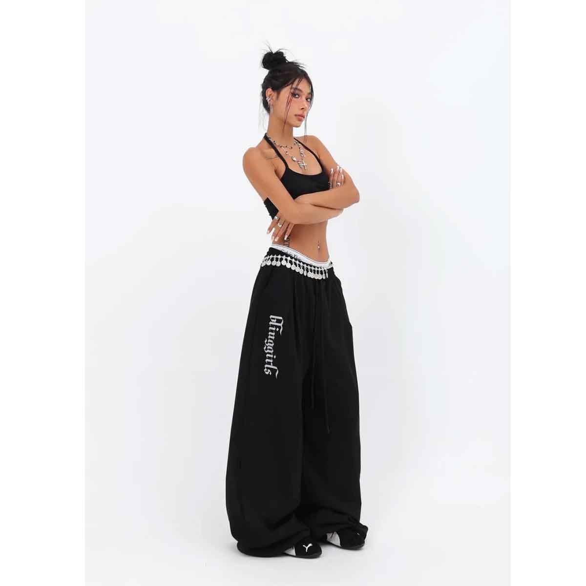 美式街头hiphop爵士街舞宽松大版型休闲发光镭射印花直筒运动裤女