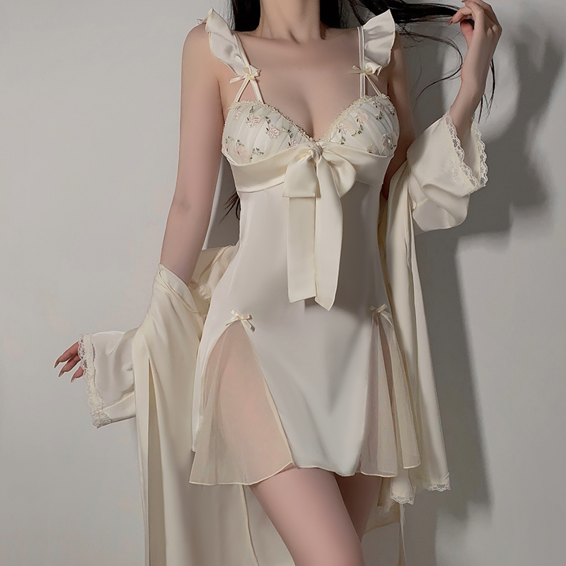 内衣深V诱惑加胸垫丝滑缎面大码吊带睡裙外袍家居服套装