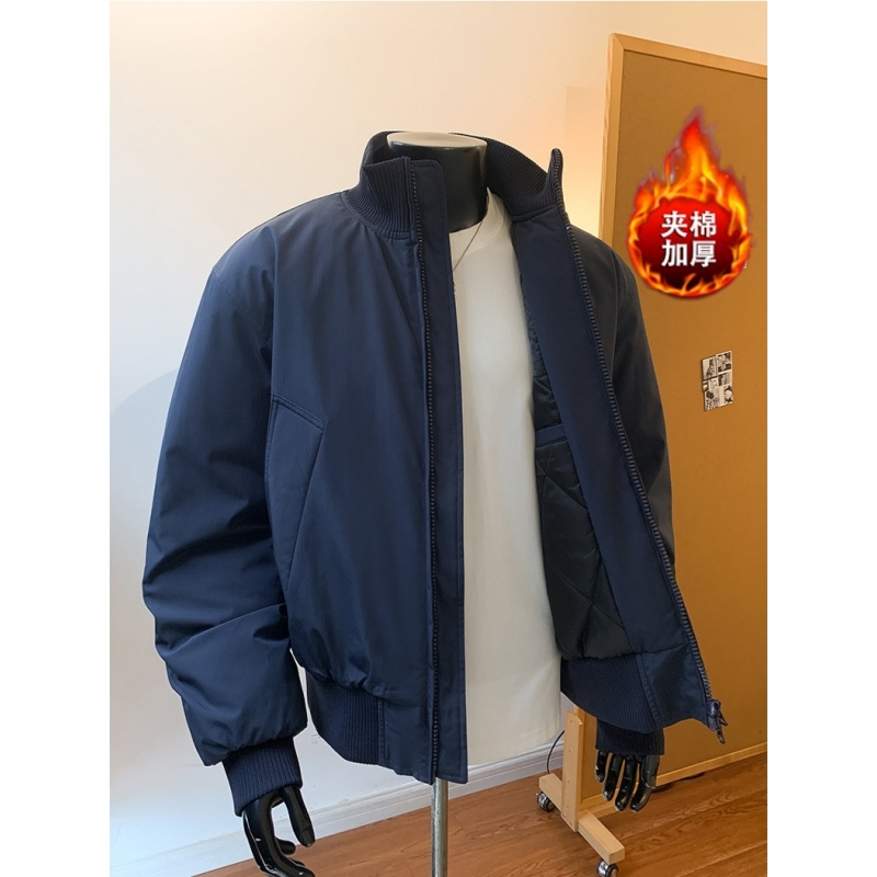 cleanfit藏蓝色飞行夹克棉服男冬季加厚美式短款外套立领棉衣男生
