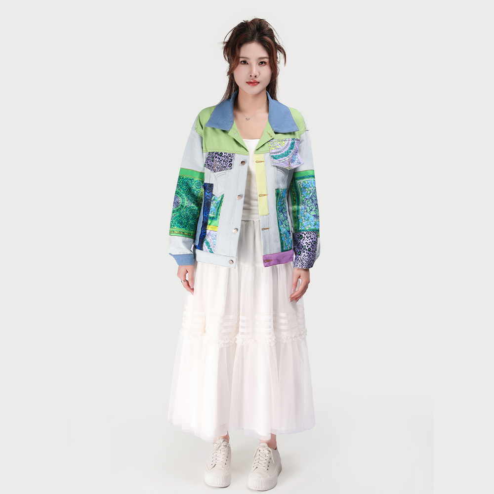 RAQWT32594新款春秋撞色小个子牛仔外套女拼接短款夹克衫休闲上衣
