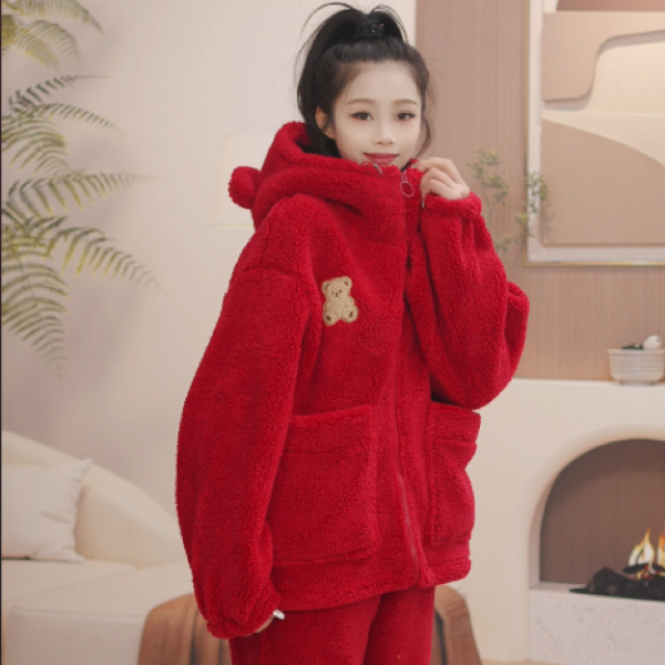 颗颗小粒加倍锁温休闲款大码保暖可外穿连帽家居服加绒加厚睡衣