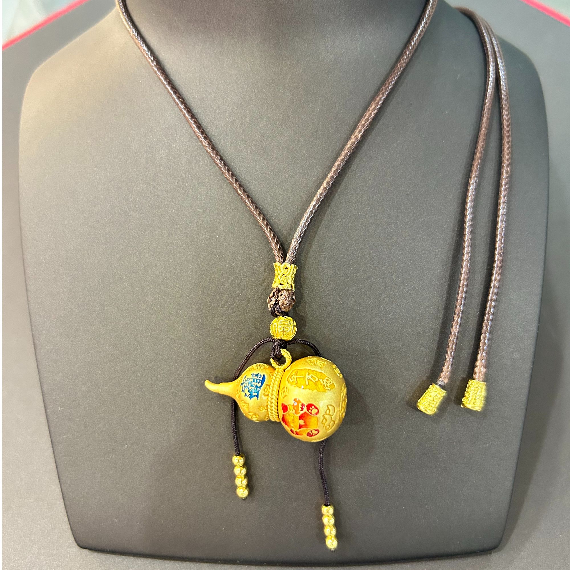 吊坠足银 足银999金色葫芦珐琅彩吊坠编织绳项链