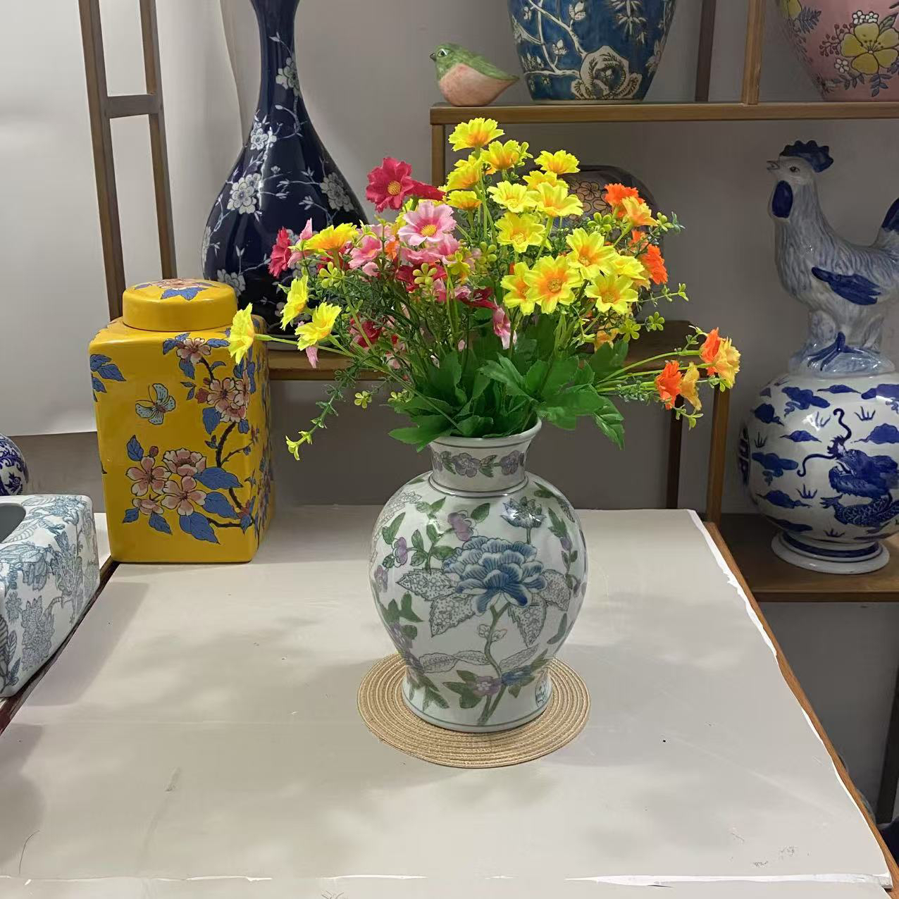 新中式怀旧粉彩手绘青花釉下彩陶瓷花瓶客厅装饰水培摆件软装饰品