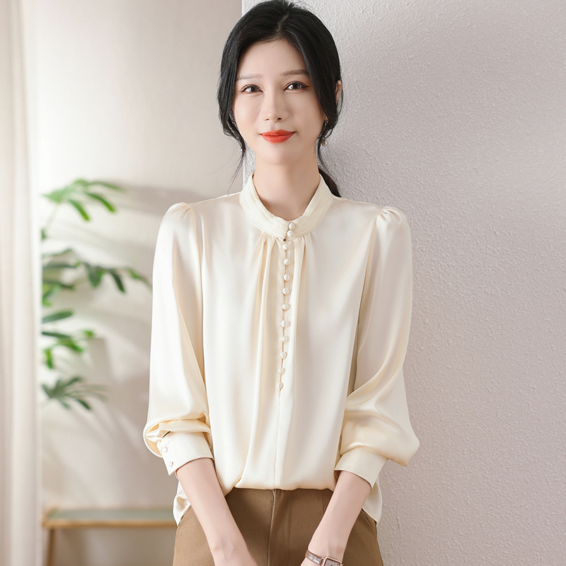 杭州缎面真丝衬衫女士长袖立领套头设计感春秋桑蚕丝衬衣时尚百搭
