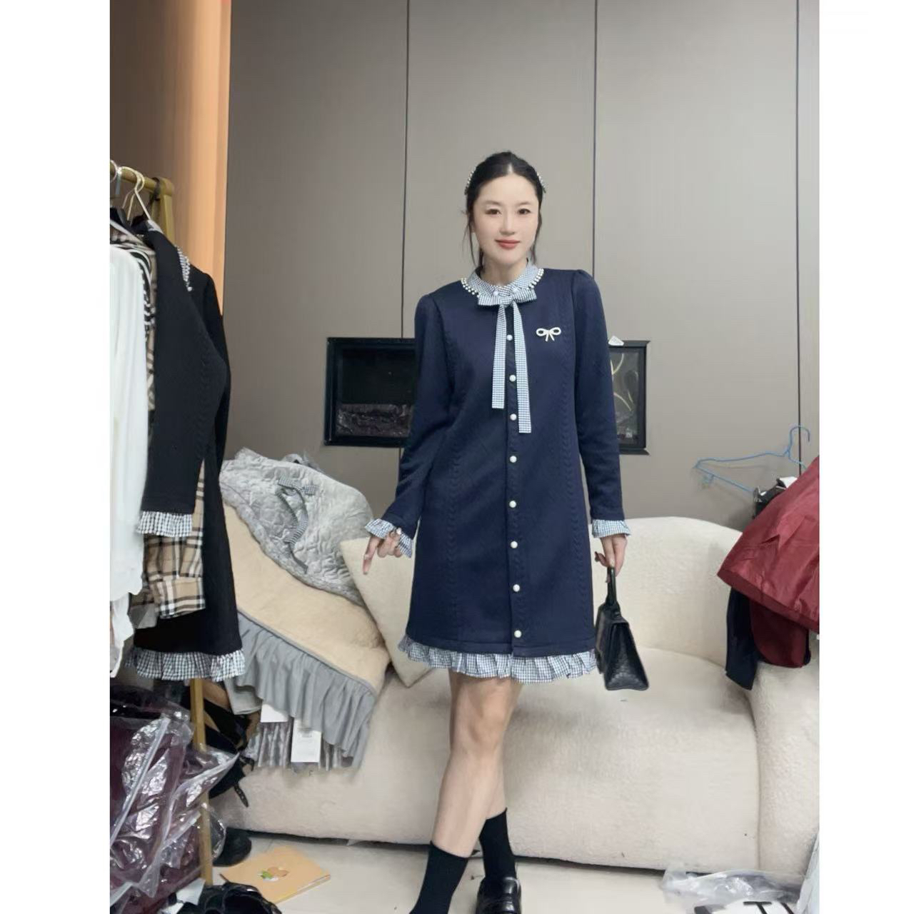 YiYi法式小香风收腰连衣裙新款气质提花肌理感高级高轻奢连衣裙