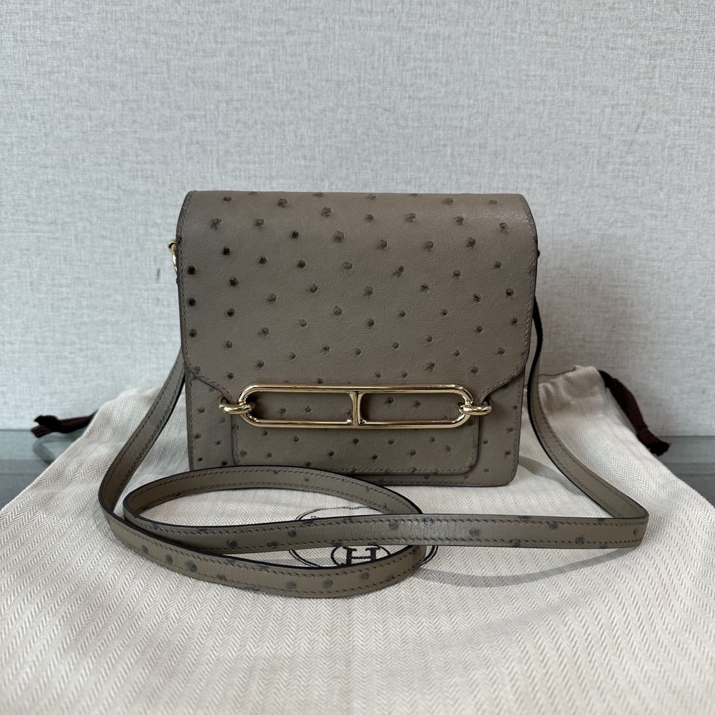 95新 Hermes/爱马仕 roulis mini鸵鸟皮金扣猪鼻子斜挎包 81313