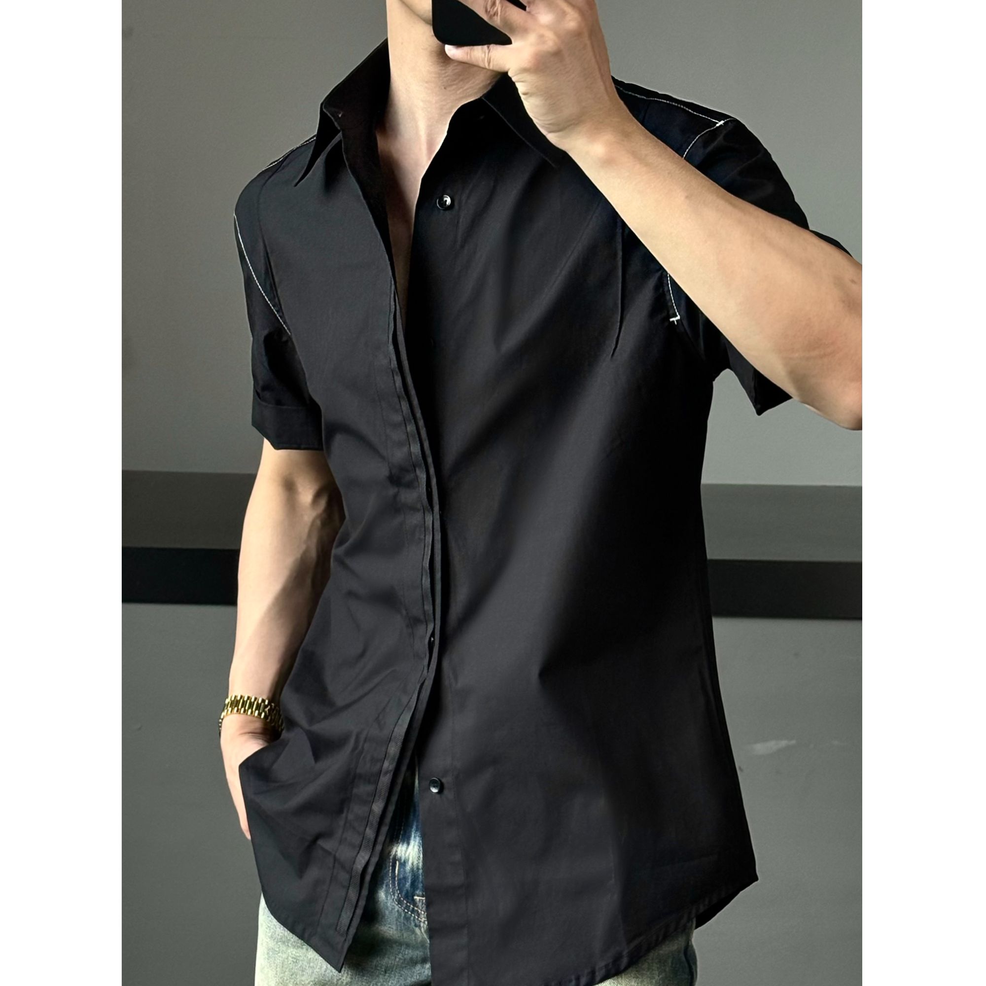 AIXKOM｜2025早秋季薄款极简线条老钱风翻领短袖衬衫