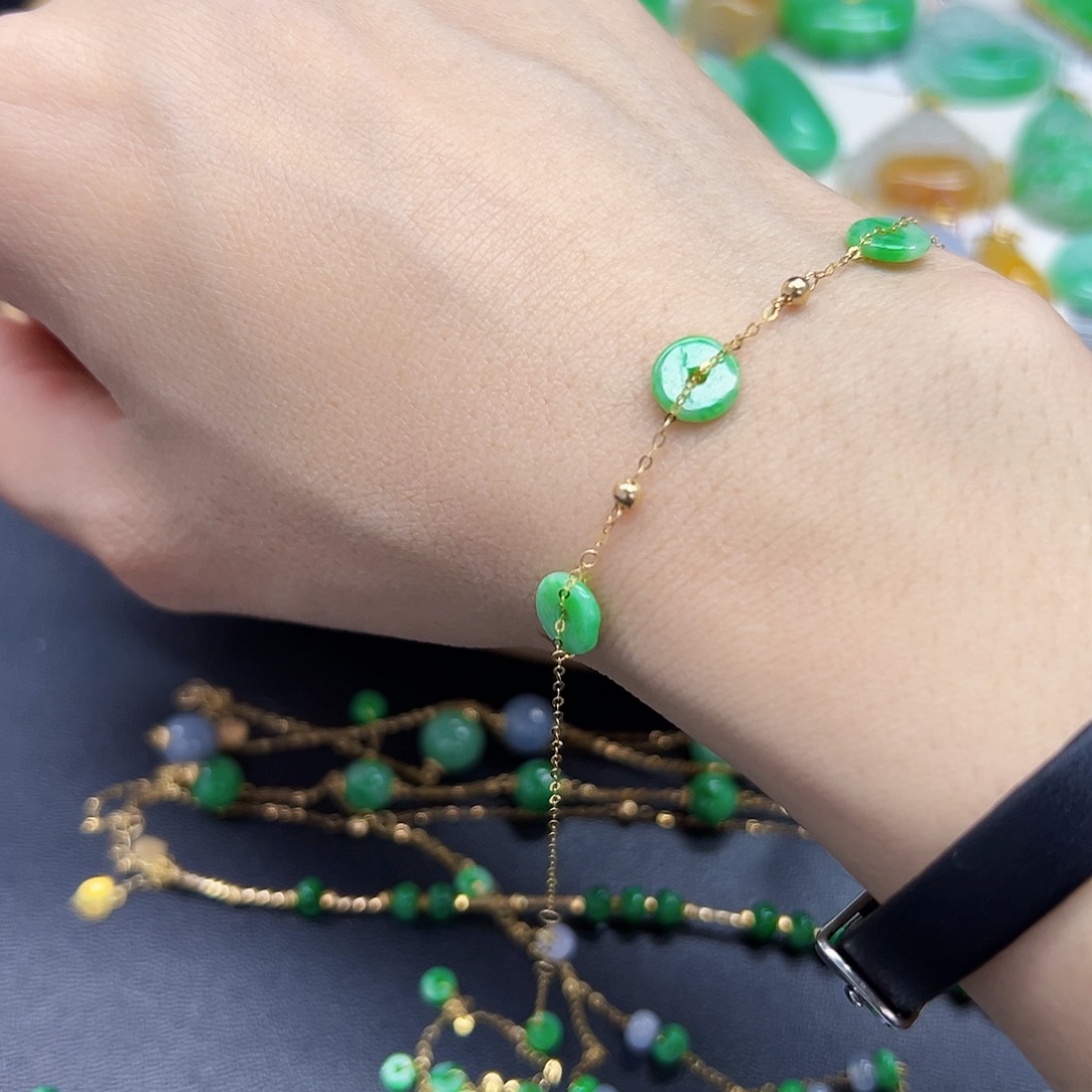 翡翠手链18K金镶嵌天然缅料A货一件