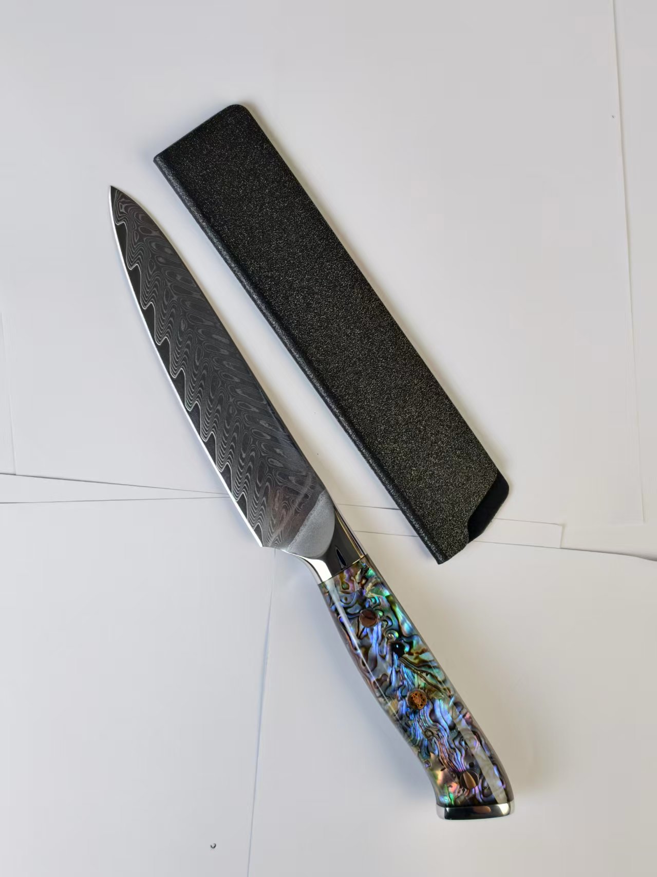 致一鲍鱼壳手柄大马士革鱼骨纹s35vn粉末钢万用多功能水果专用刀