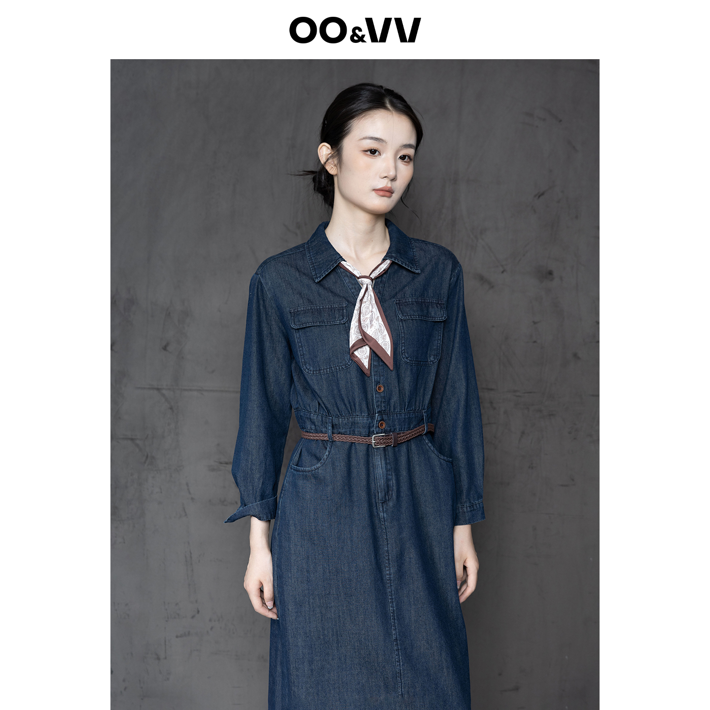 OO&VV港味复古牛仔连衣裙女2025秋新小众别致收腰显瘦中长裙子