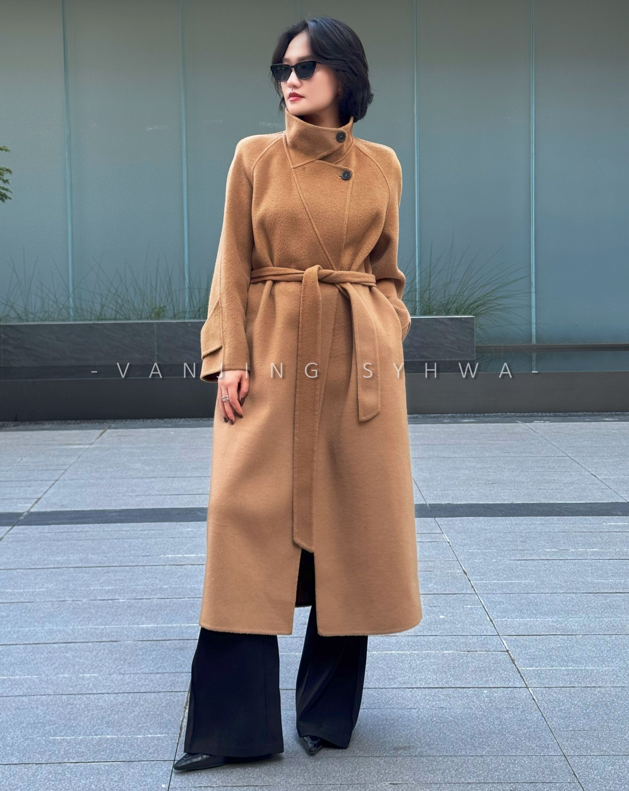 VanJing Syhwa  秋季女士气质立领束腰狐狸绒羊毛卡其色大衣