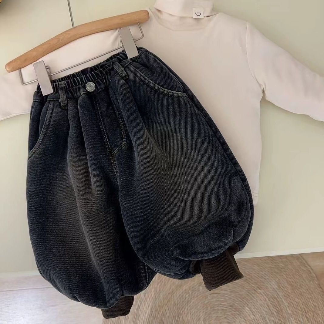 儿童加绒牛仔裤一体绒秋冬季2025新款宝宝灯笼裤男女童加厚裤子