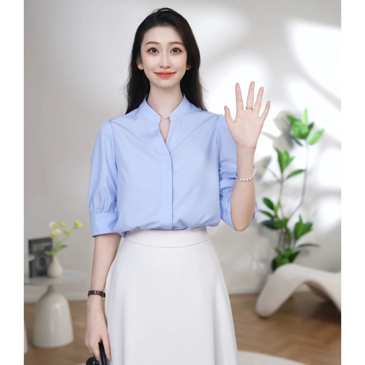 【曼贝】定制新款短袖衬衫女职业设计感气质百搭显瘦85921215【甜甜】