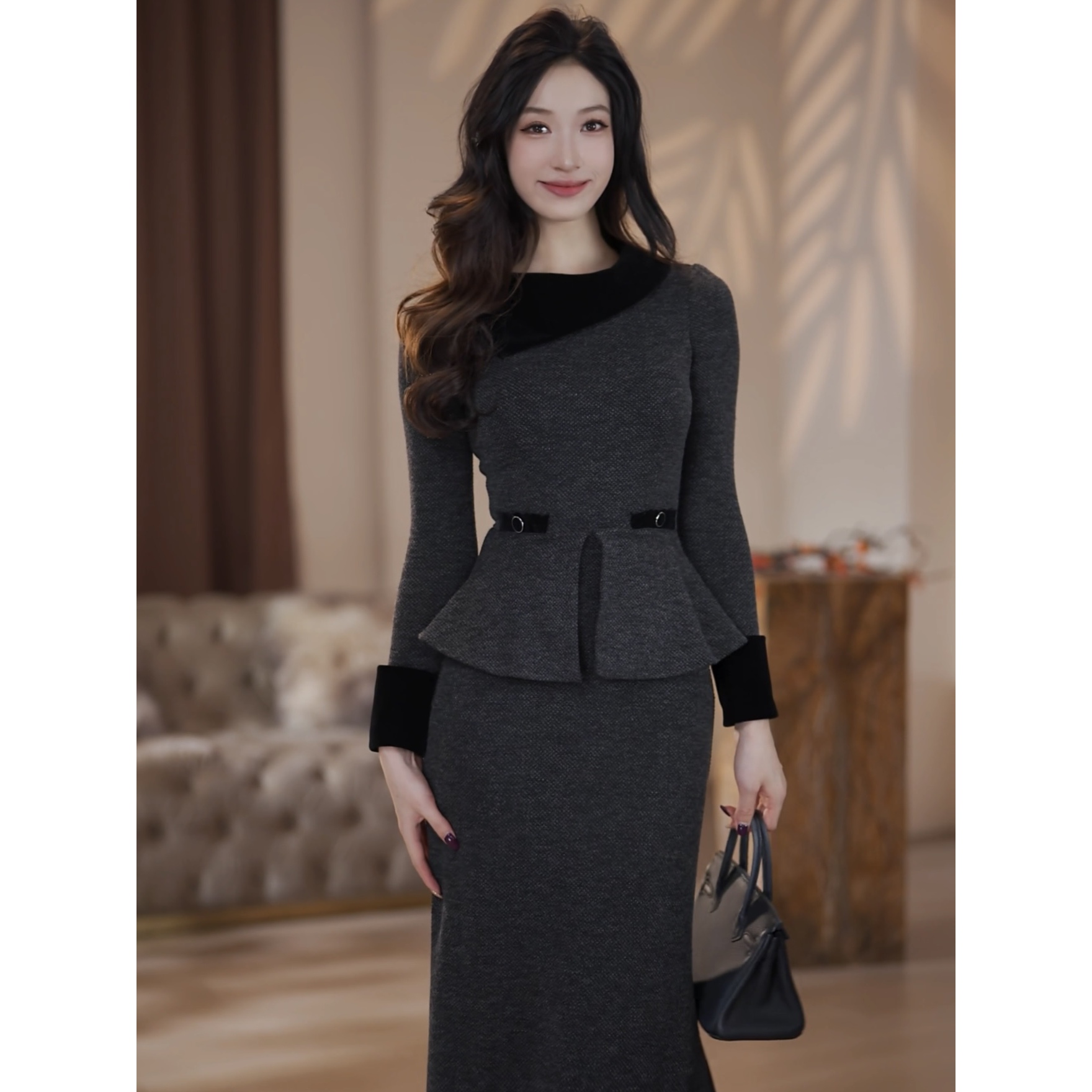 【潇潇】灰绒雅韵秋冬新款高级法式气质显瘦鱼尾连衣裙-YL11971