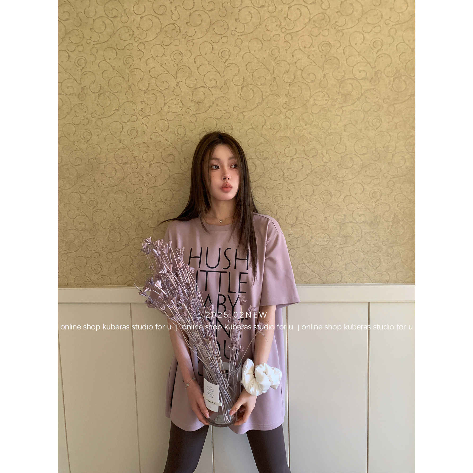 KUBERAS 宽松圆领字母印花中长款短袖T恤大版休闲长袖上衣打底衫