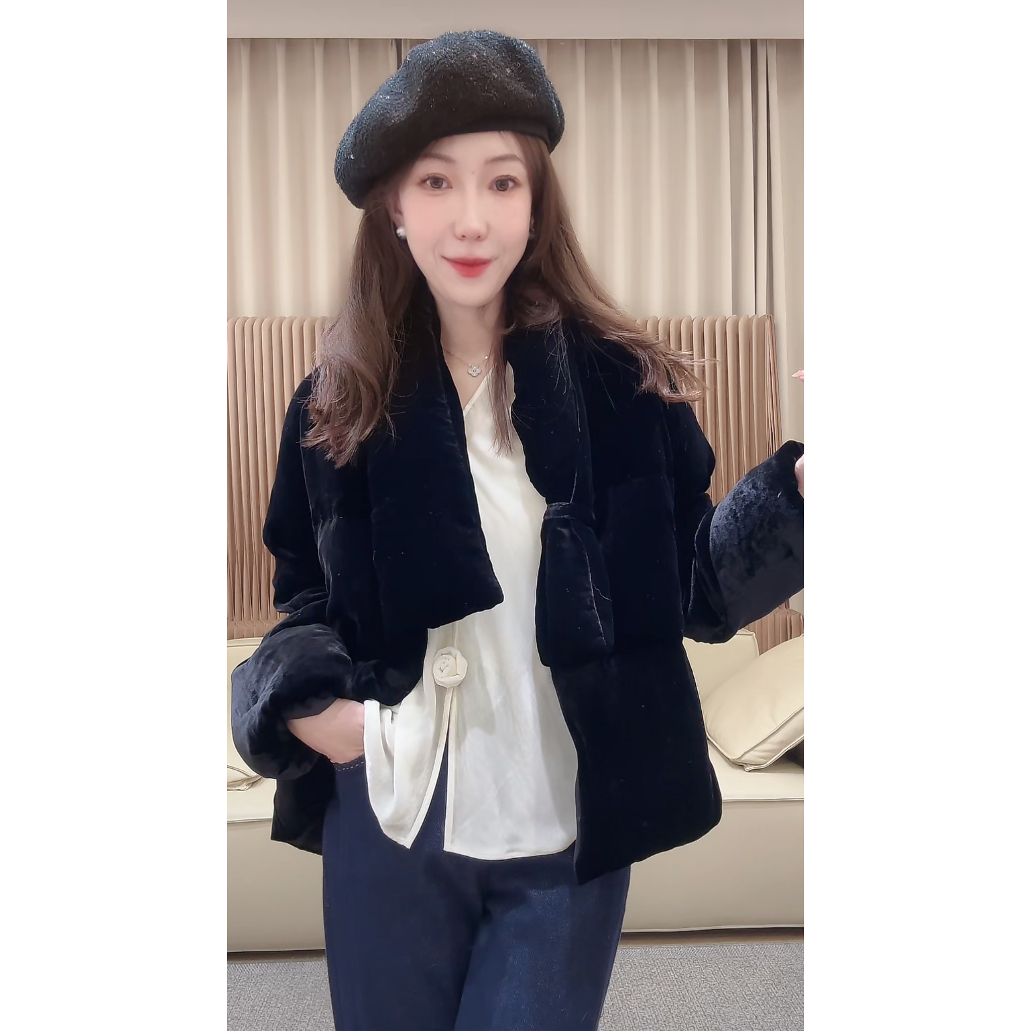 DEDM•STUDIODM/静奢高级感气质桑蚕丝丝绒90白鸭绒外套（13145）